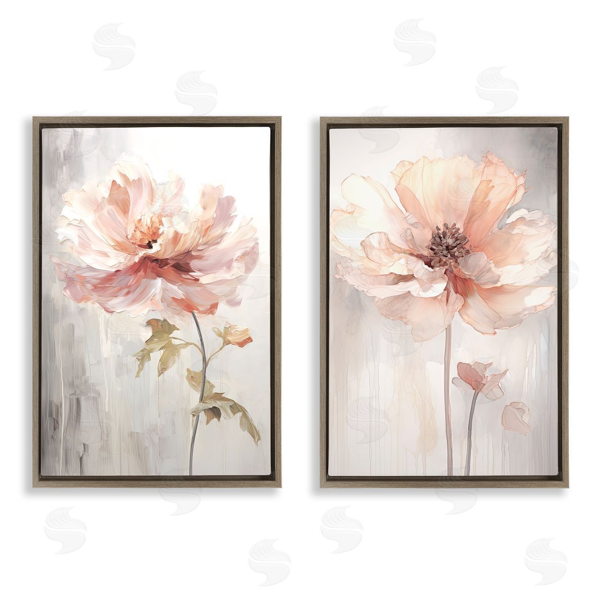 Soft Pink Budding Flowers Brown Floating Frame Canvas Wall Art, Home Decor by Raymond Powers