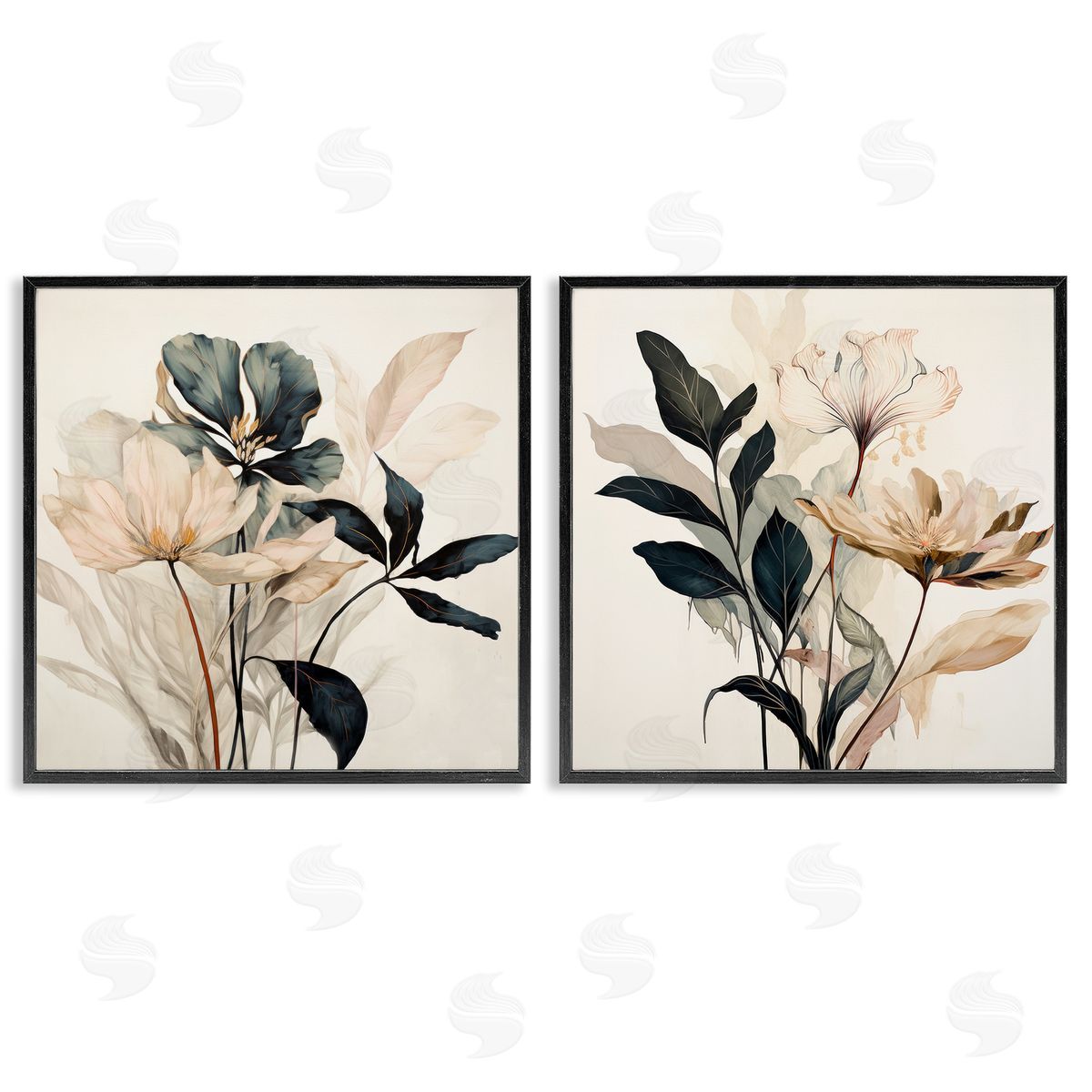 Black & Beige Botanicals Black Frame Print Wall Art, Home Decor by Lazar Studio