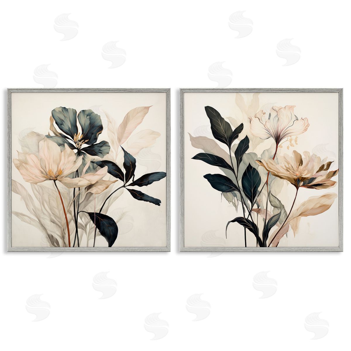 Black & Beige Botanicals Grey Frame Print Wall Art, Home Decor by Lazar Studio