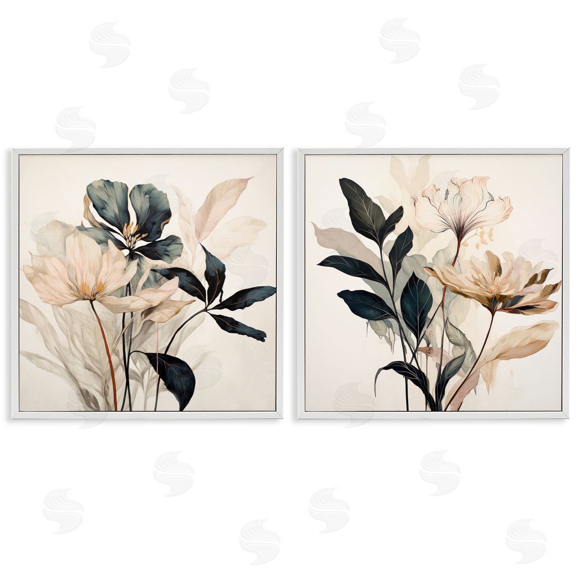 Black & Beige Botanicals White Frame Print Wall Art, Home Decor by Lazar Studio