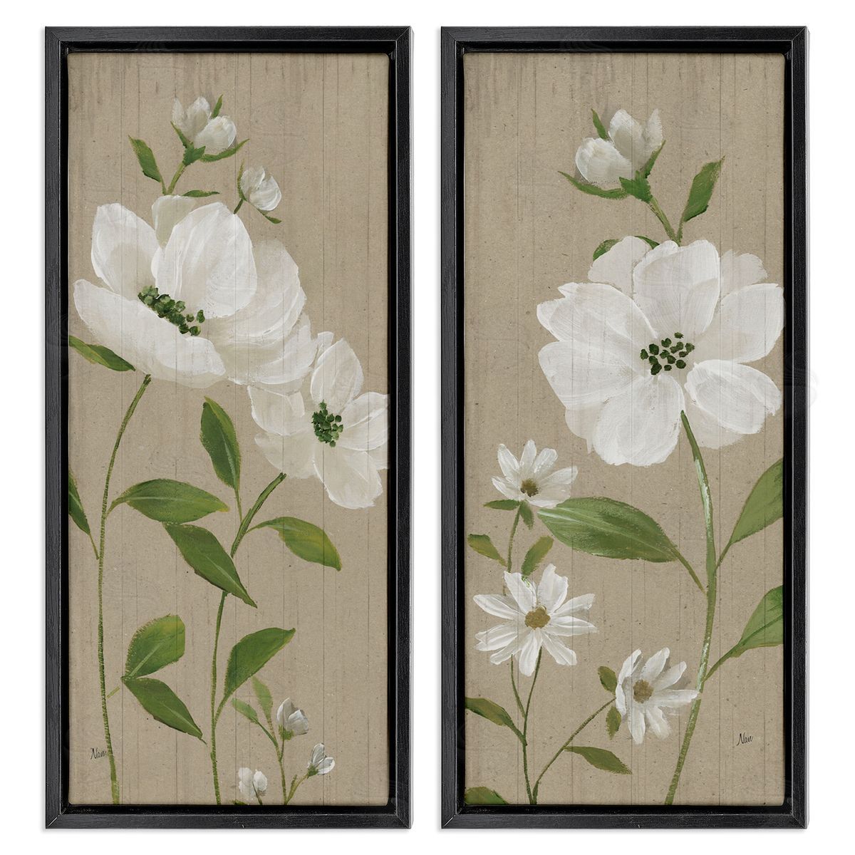 Cottage Blossoms on Beige Black Floating Frame Canvas Wall Art, Home Decor by Nan
