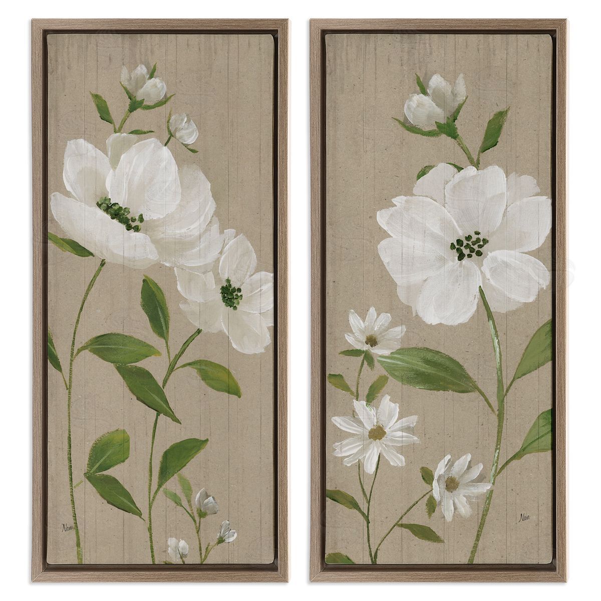 Cottage Blossoms on Beige Brown Floating Frame Canvas Wall Art, Home Decor by Nan