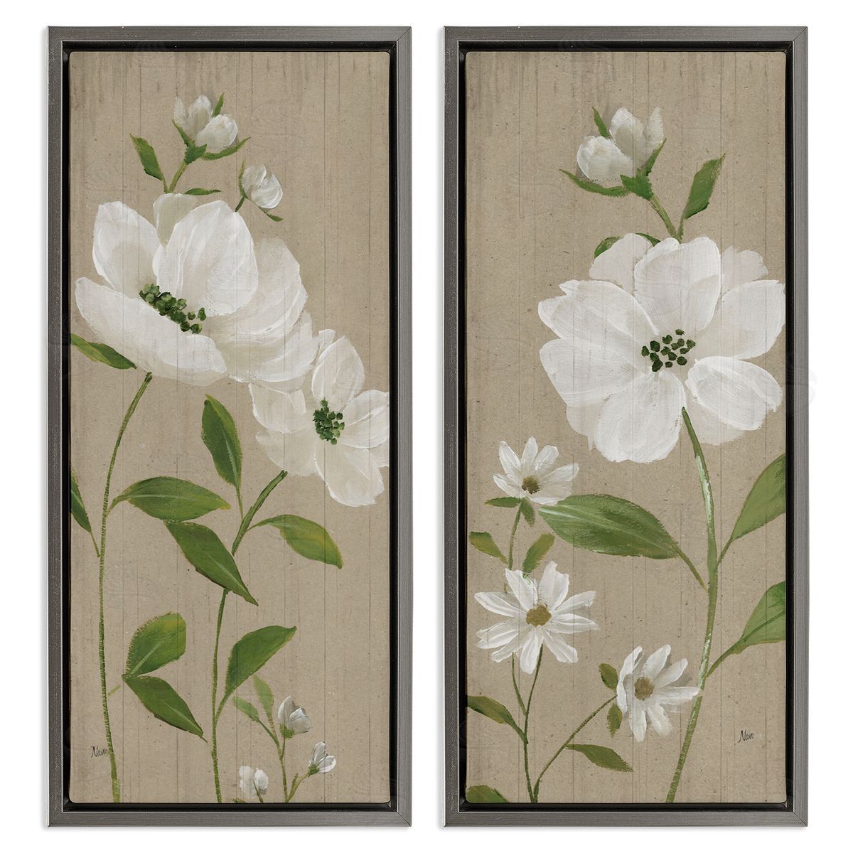 Cottage Blossoms on Beige Grey Floating Frame Canvas Wall Art, Home Decor by Nan
