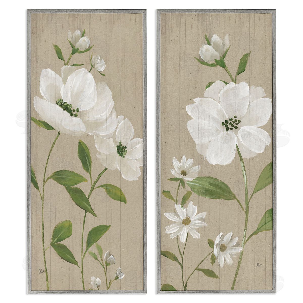 Cottage Blossoms on Beige Grey Frame Print Wall Art, Home Decor by Nan