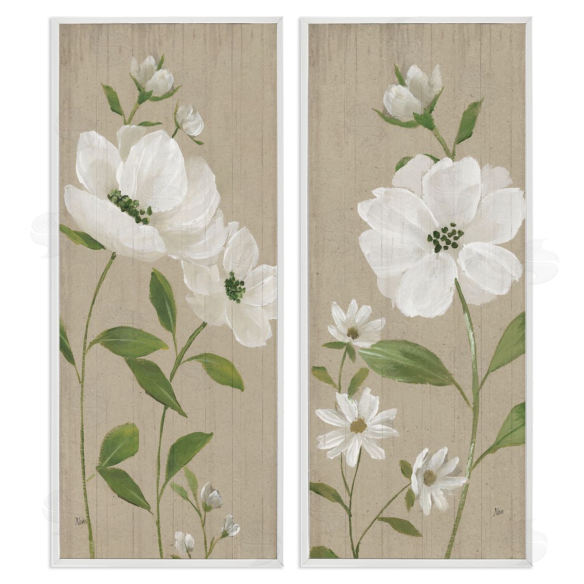 Cottage Blossoms on Beige White Frame Print Wall Art, Home Decor by Nan