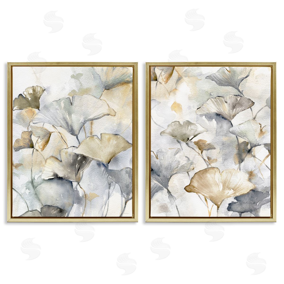 Gingko Leaves in Layers Gold Floating Frame Canvas Wall Art, Home Decor by Carol Robinson
