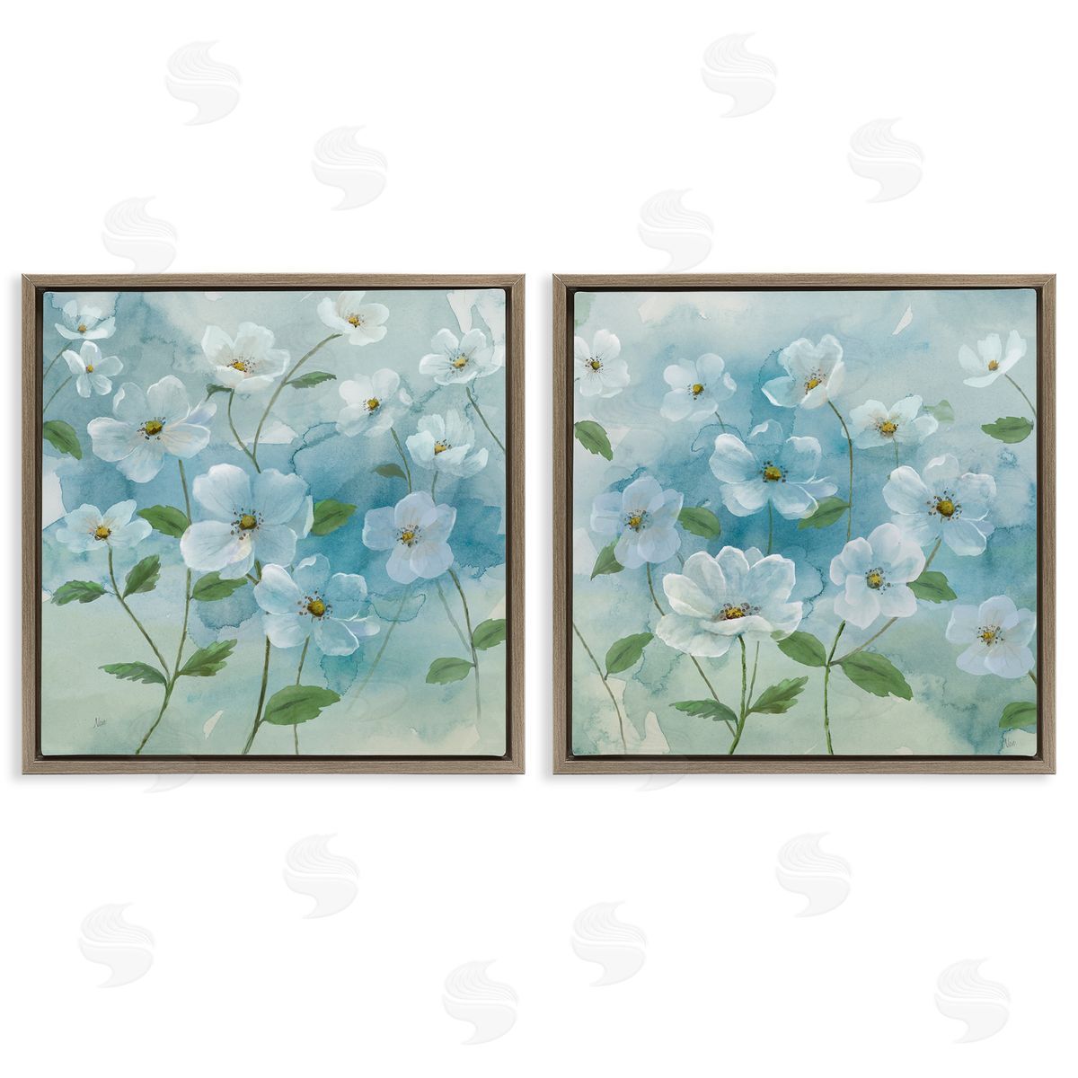 Blue & White Apple Blossoms Brown Floating Frame Canvas Wall Art, Home Decor by Nan