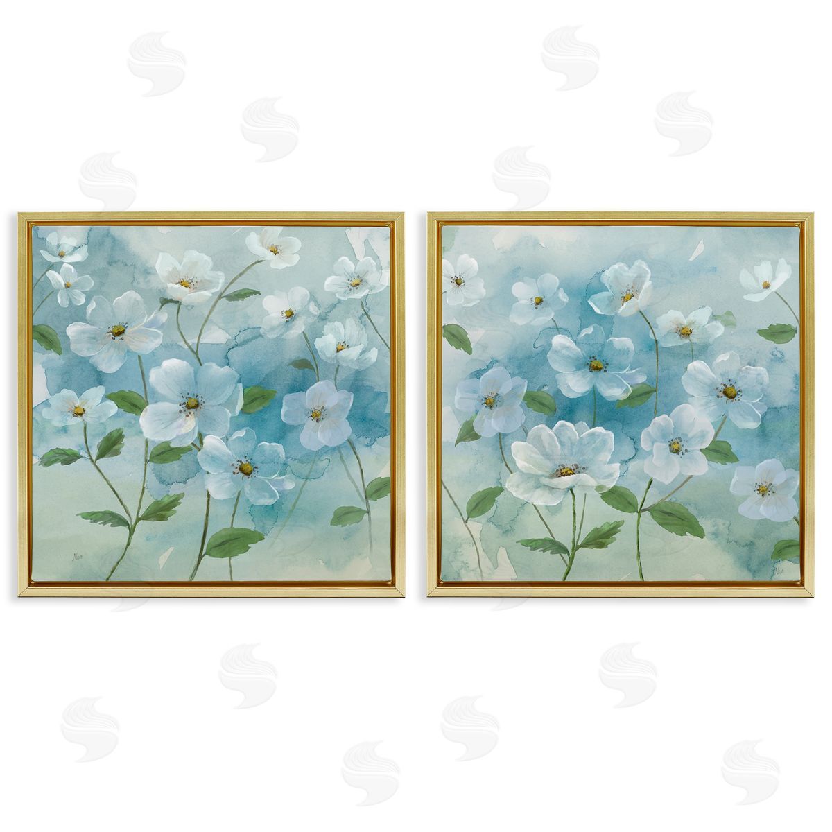 Blue & White Apple Blossoms Gold Floating Frame Canvas Wall Art, Home Decor by Nan