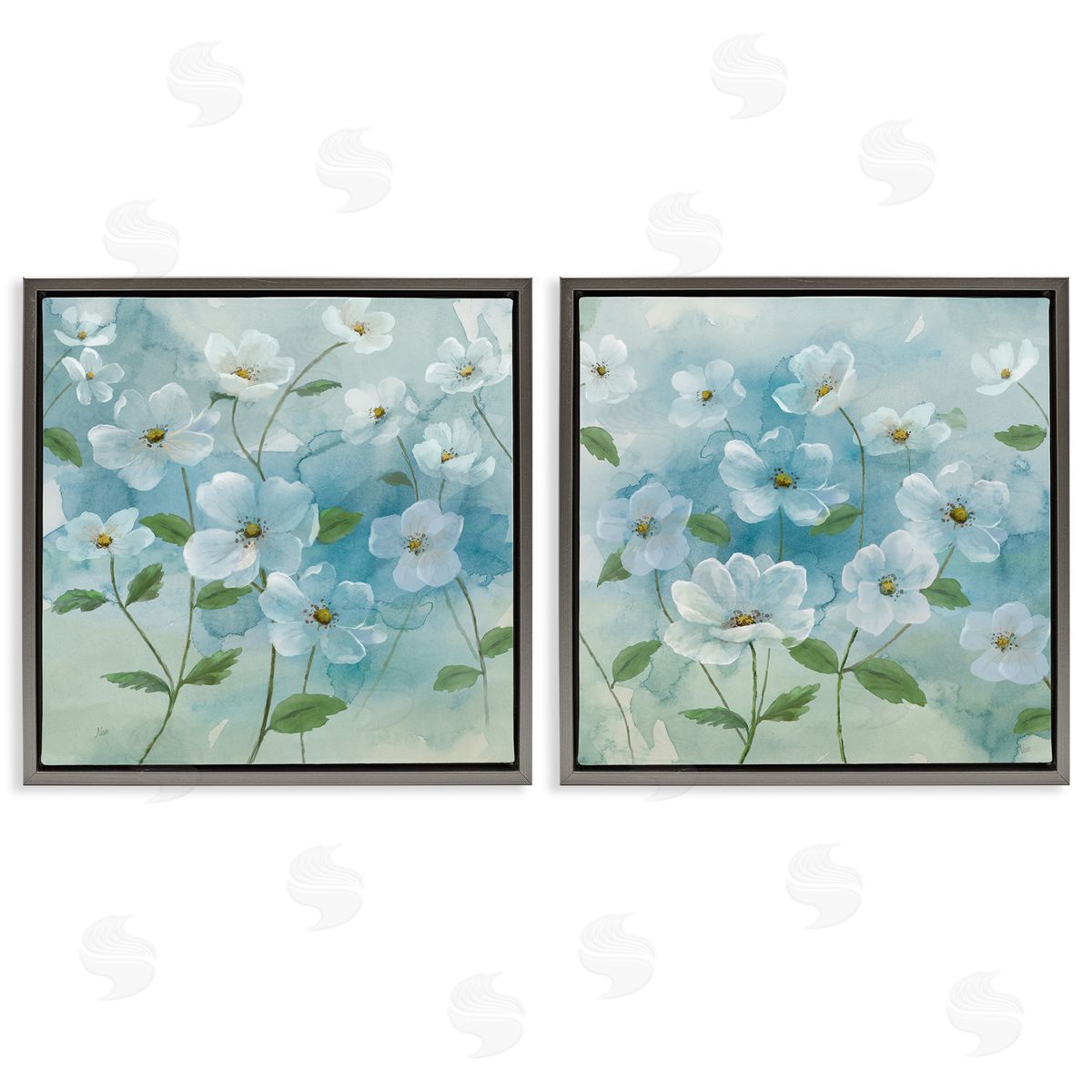 Blue & White Apple Blossoms Grey Floating Frame Canvas Wall Art, Home Decor by Nan