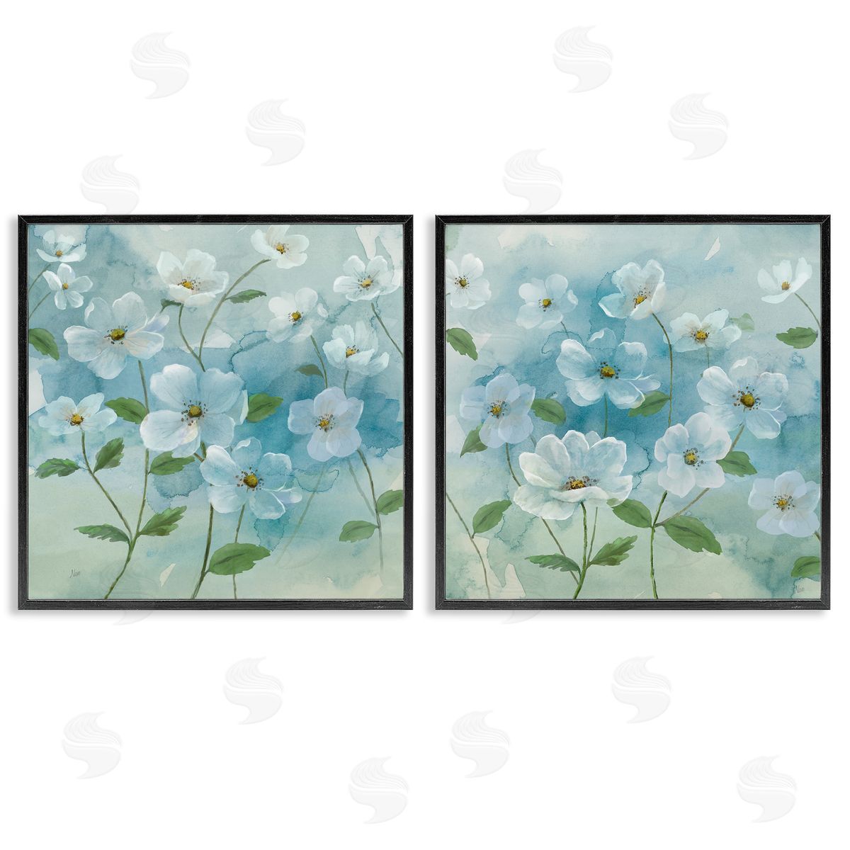 Blue & White Apple Blossoms Black Frame Print Wall Art, Home Decor by Nan