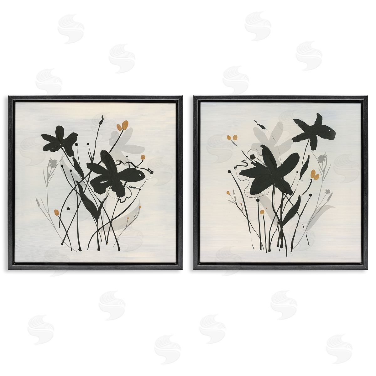 Contemporary Floral Sprigs Black Floating Frame Canvas Wall Art, Home Decor by Susan Jill