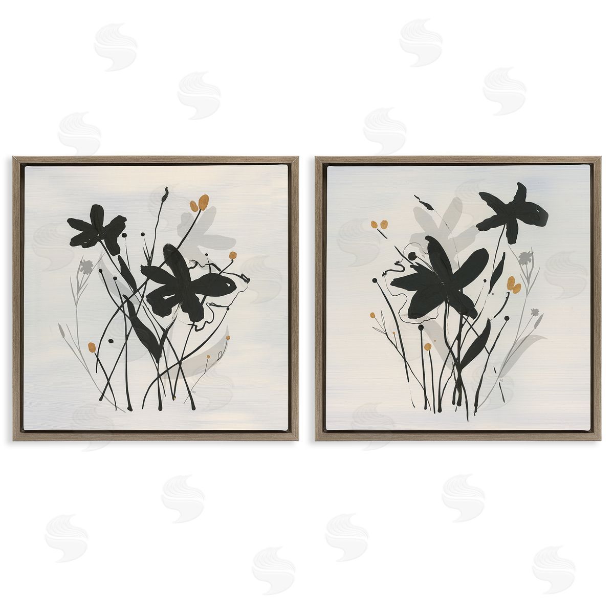 Contemporary Floral Sprigs Brown Floating Frame Canvas Wall Art, Home Decor by Susan Jill