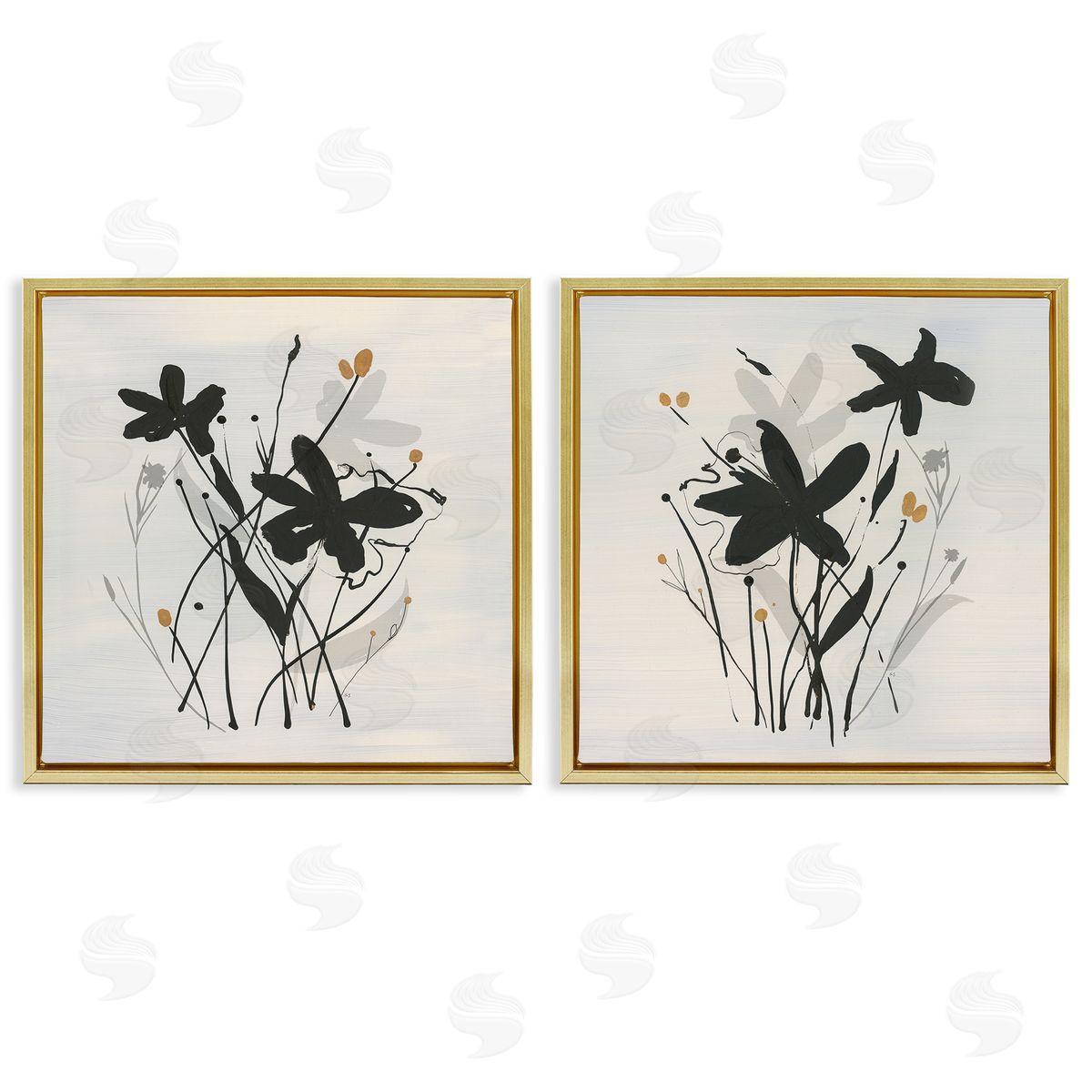 Contemporary Floral Sprigs Gold Floating Frame Canvas Wall Art, Home Decor by Susan Jill