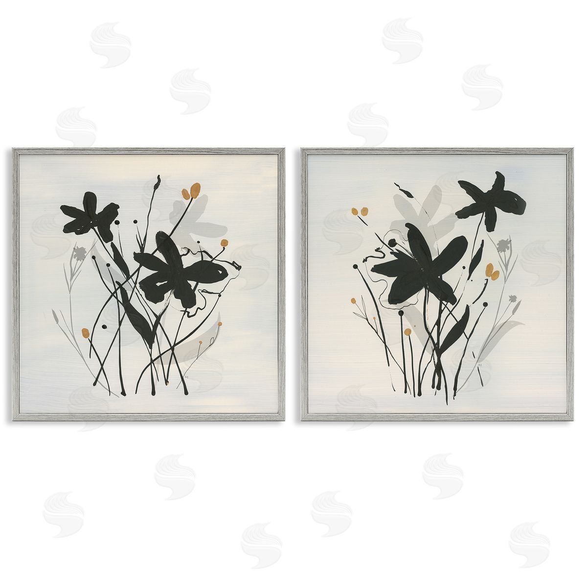 Contemporary Floral Sprigs Grey Frame Print Wall Art, Home Decor by Susan Jill