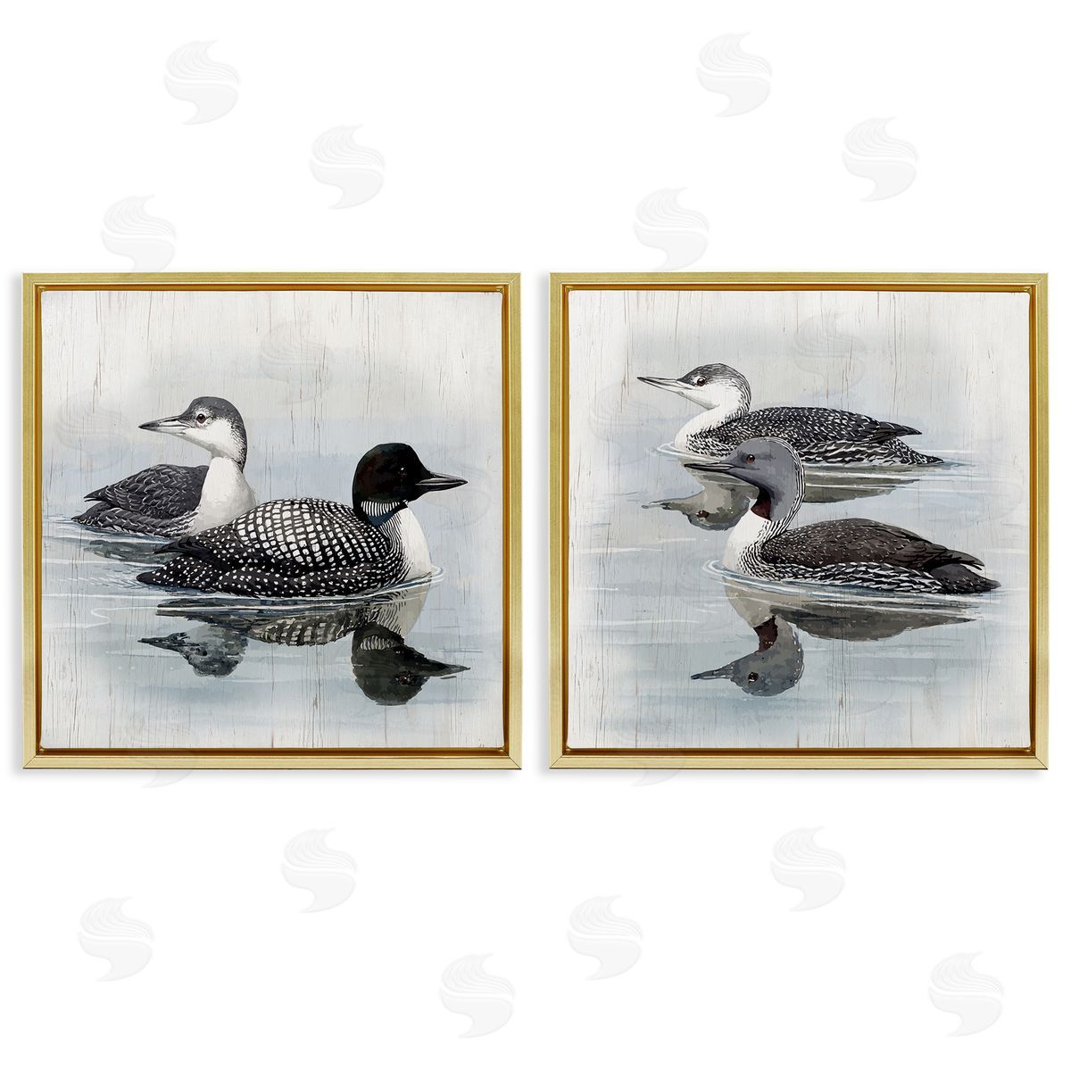 Four Loons in Lake Gold Floating Frame Canvas Wall Art, Home Decor by Susan Jill