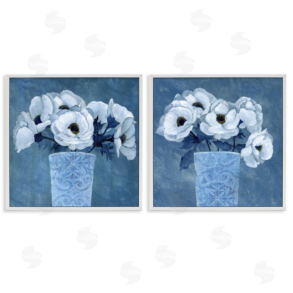 Magnolia Bouquets on Blue White Frame Print Wall Art, Home Decor by Janet Tava
