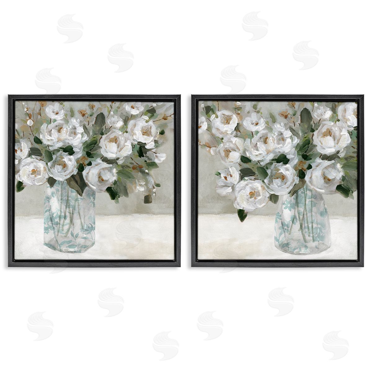 Blooming White Rose Bouquets Black Floating Frame Canvas Wall Art, Home Decor by Carol Robinson