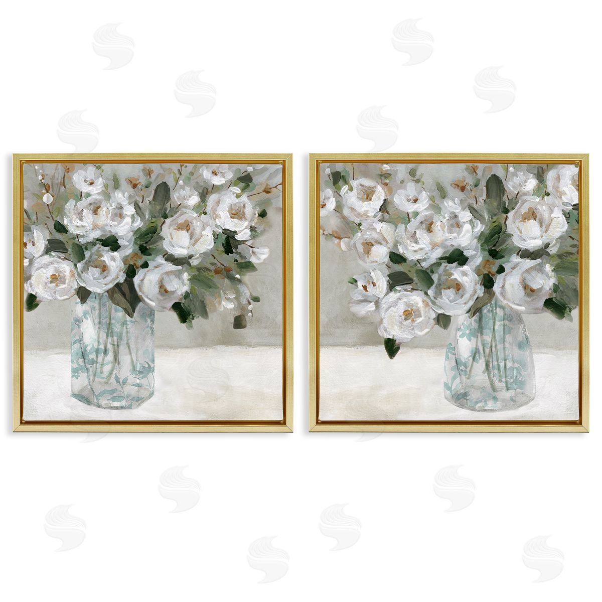 Blooming White Rose Bouquets Gold Floating Frame Canvas Wall Art, Home Decor by Carol Robinson