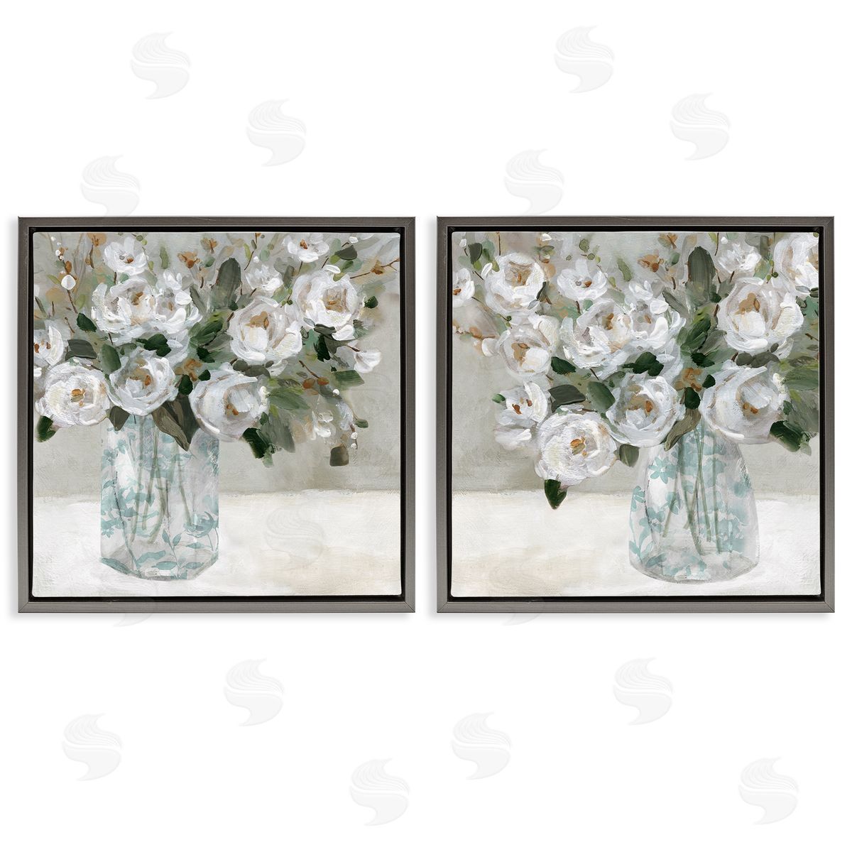 Blooming White Rose Bouquets Grey Floating Frame Canvas Wall Art, Home Decor by Carol Robinson