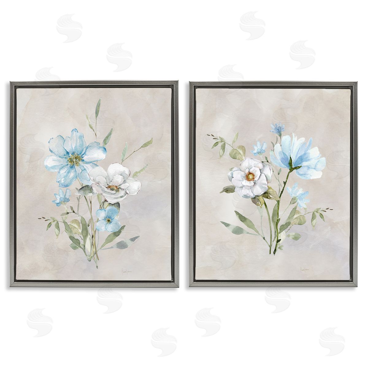 Delicate Flower Tendrils Grey Floating Frame Canvas Wall Art, Home Decor by Livi Finn