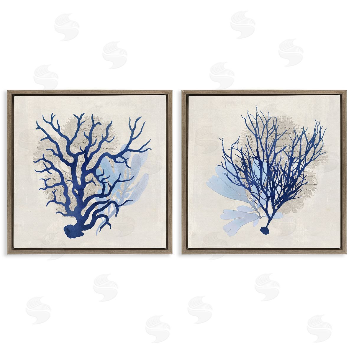 Blue Coral Branches Brown Floating Frame Canvas Wall Art, Home Decor by Susan Arnot