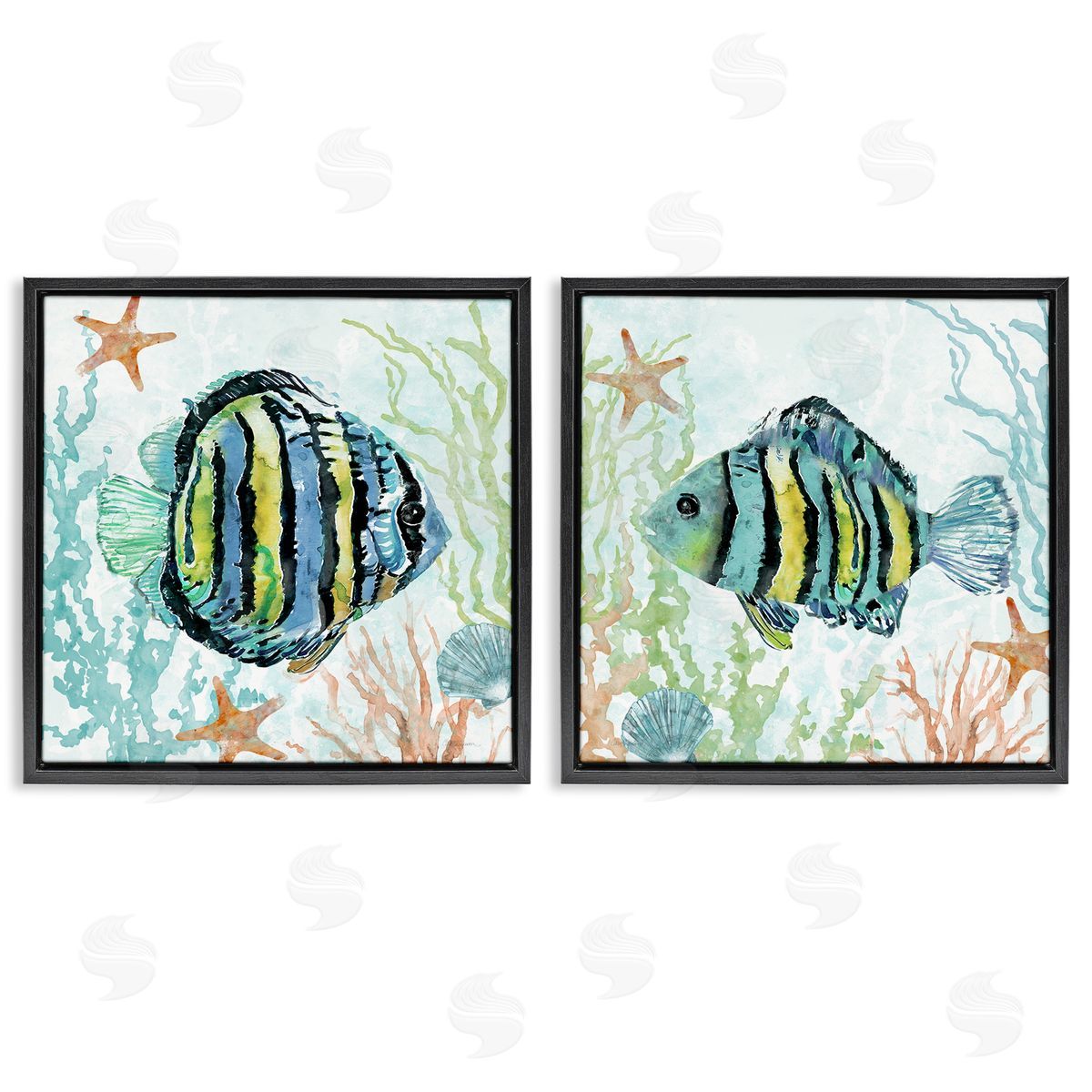 Aquatic Striped Fish Black Floating Frame Canvas Wall Art, Home Decor by Carol Robinson