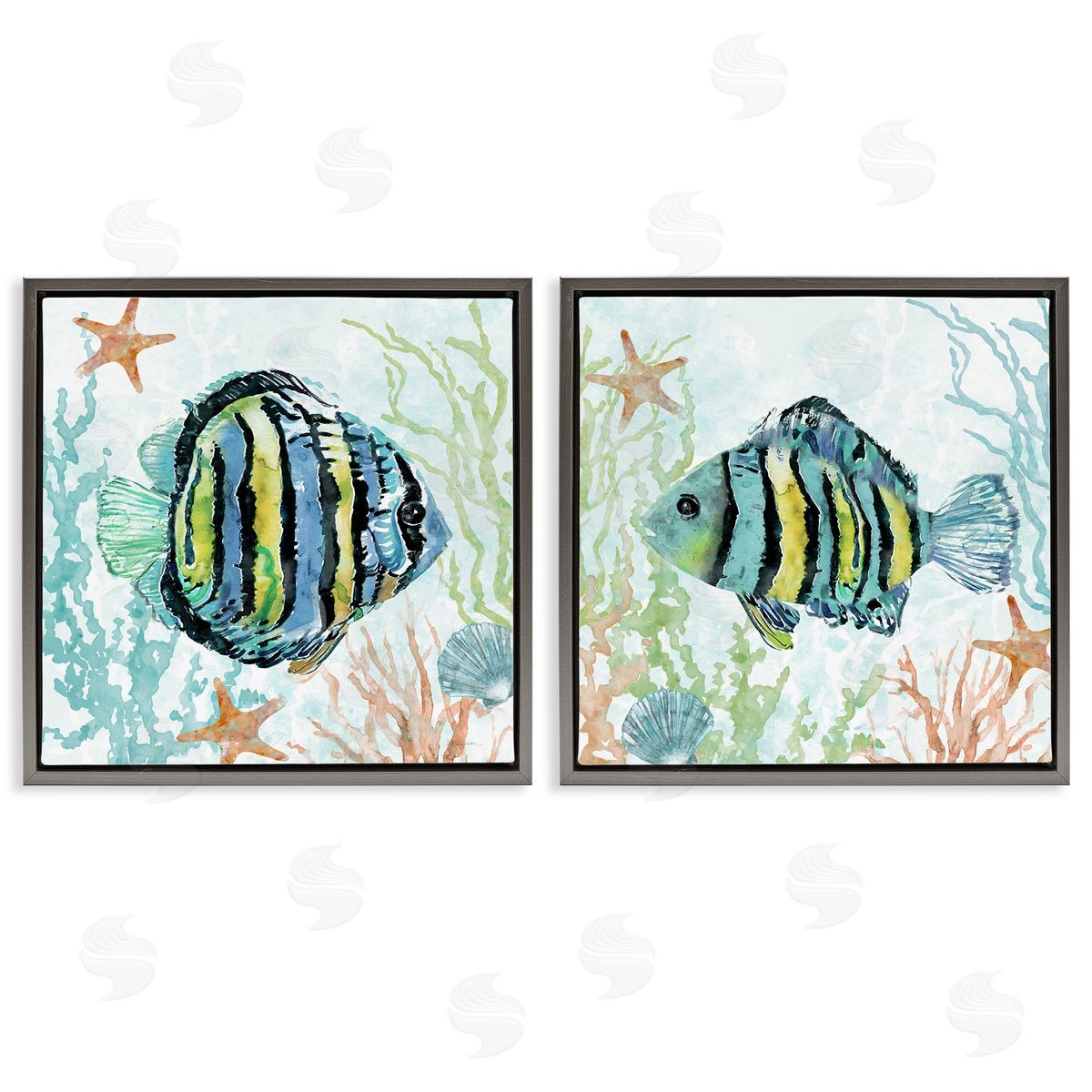 Aquatic Striped Fish Grey Floating Frame Canvas Wall Art, Home Decor by Carol Robinson