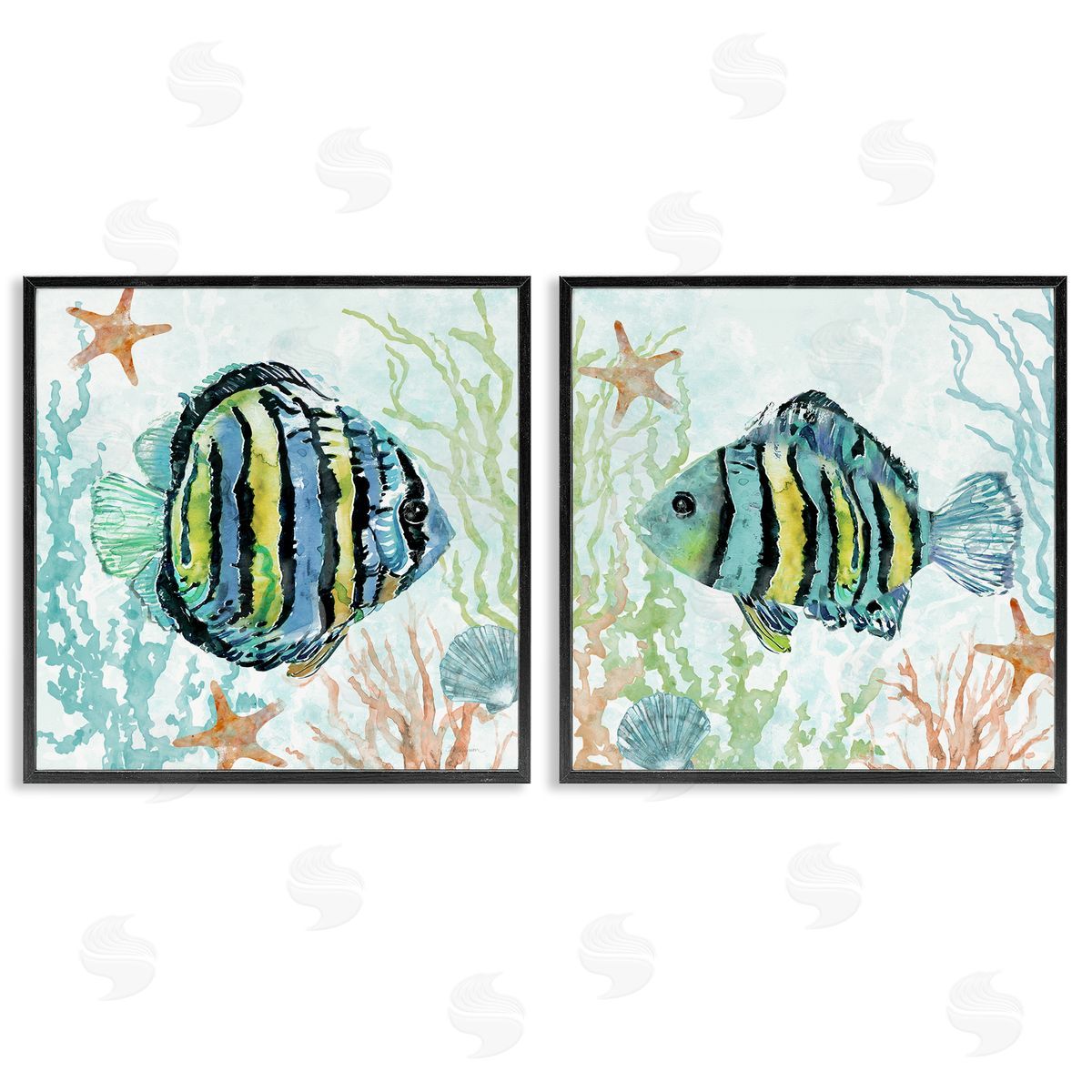 Aquatic Striped Fish Black Frame Print Wall Art, Home Decor by Carol Robinson