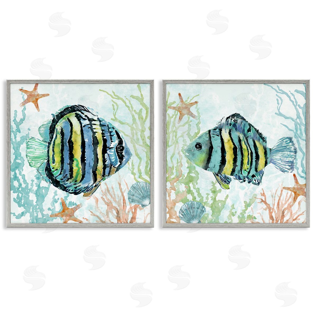 Aquatic Striped Fish Grey Frame Print Wall Art, Home Decor by Carol Robinson