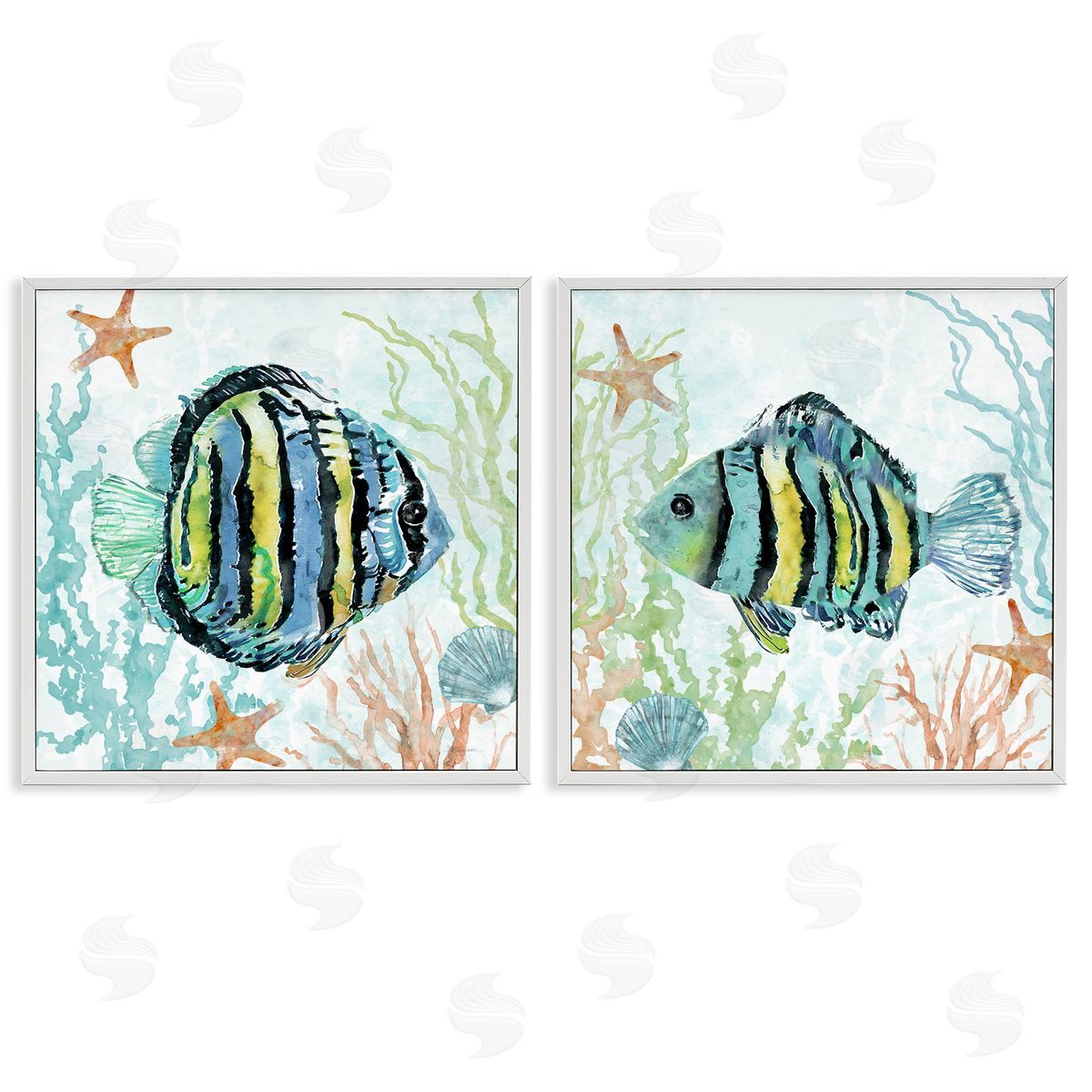 Aquatic Striped Fish White Frame Print Wall Art, Home Decor by Carol Robinson