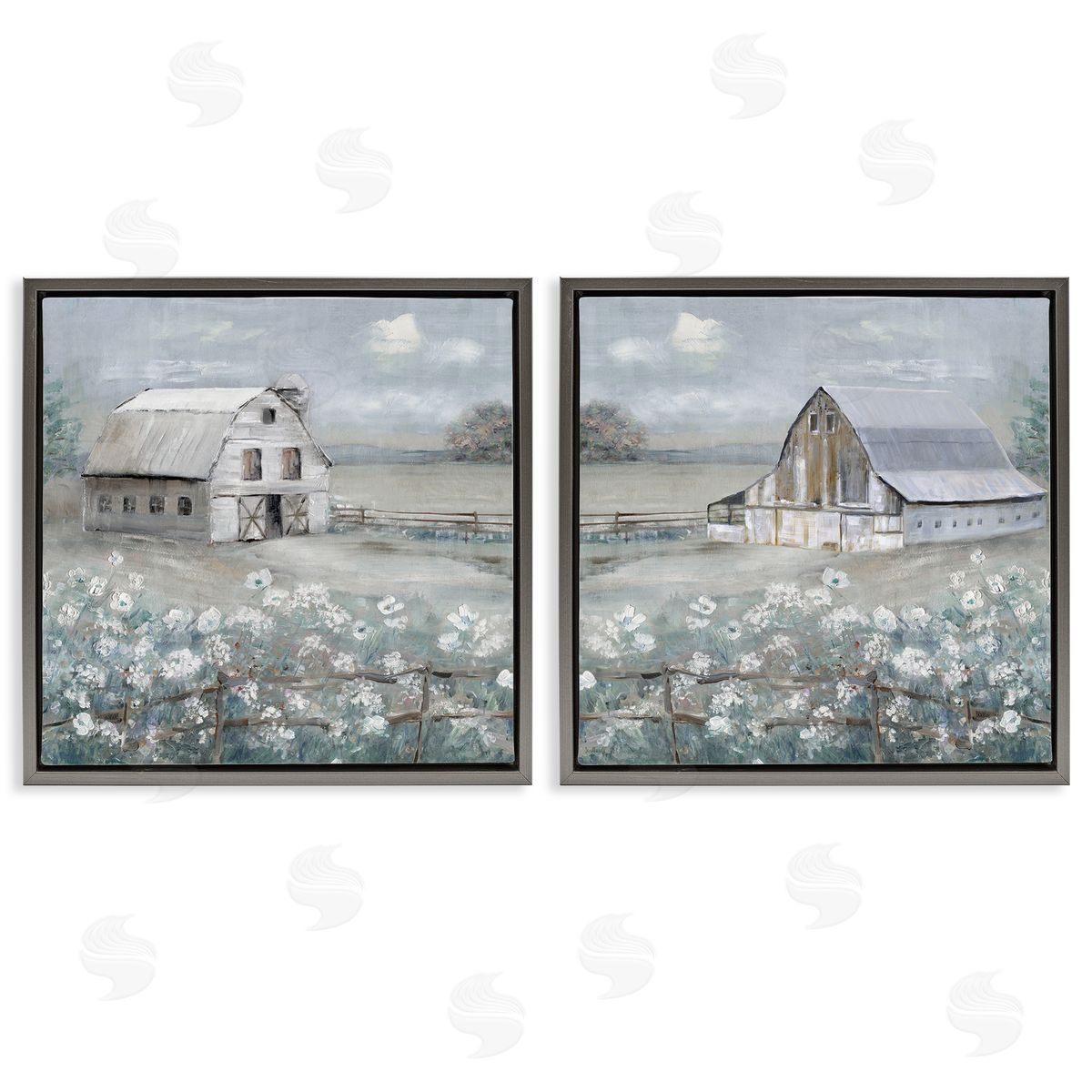 Country Meadows with Barns Grey Floating Frame Canvas Wall Art, Home Decor by Sally Swatland