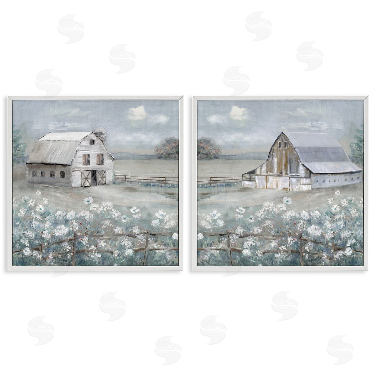 Country Meadows with Barns White Frame Print Wall Art, Home Decor by Sally Swatland