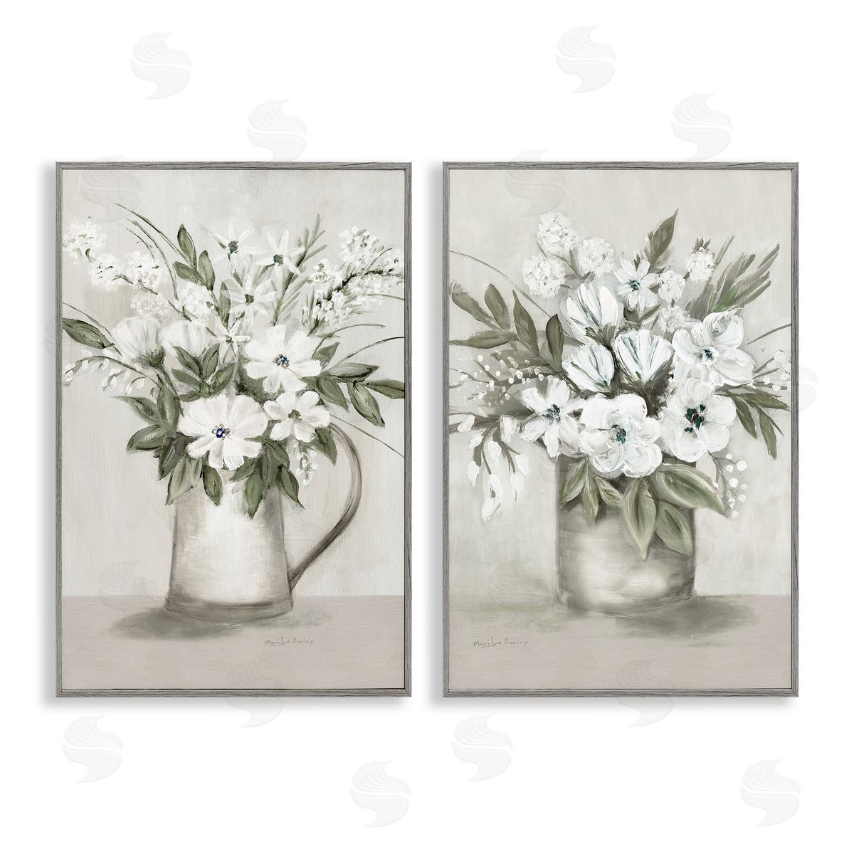 Country Vases with Bouquets Grey Frame Print Wall Art, Home Decor by Marilyn Dunlap