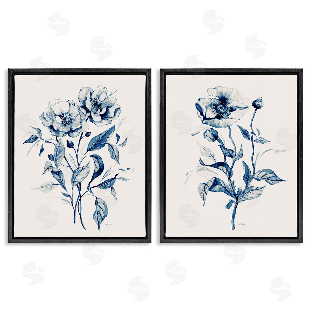 Blue Sketched Flowers Black Floating Frame Canvas Wall Art, Home Decor by Carol Robinson