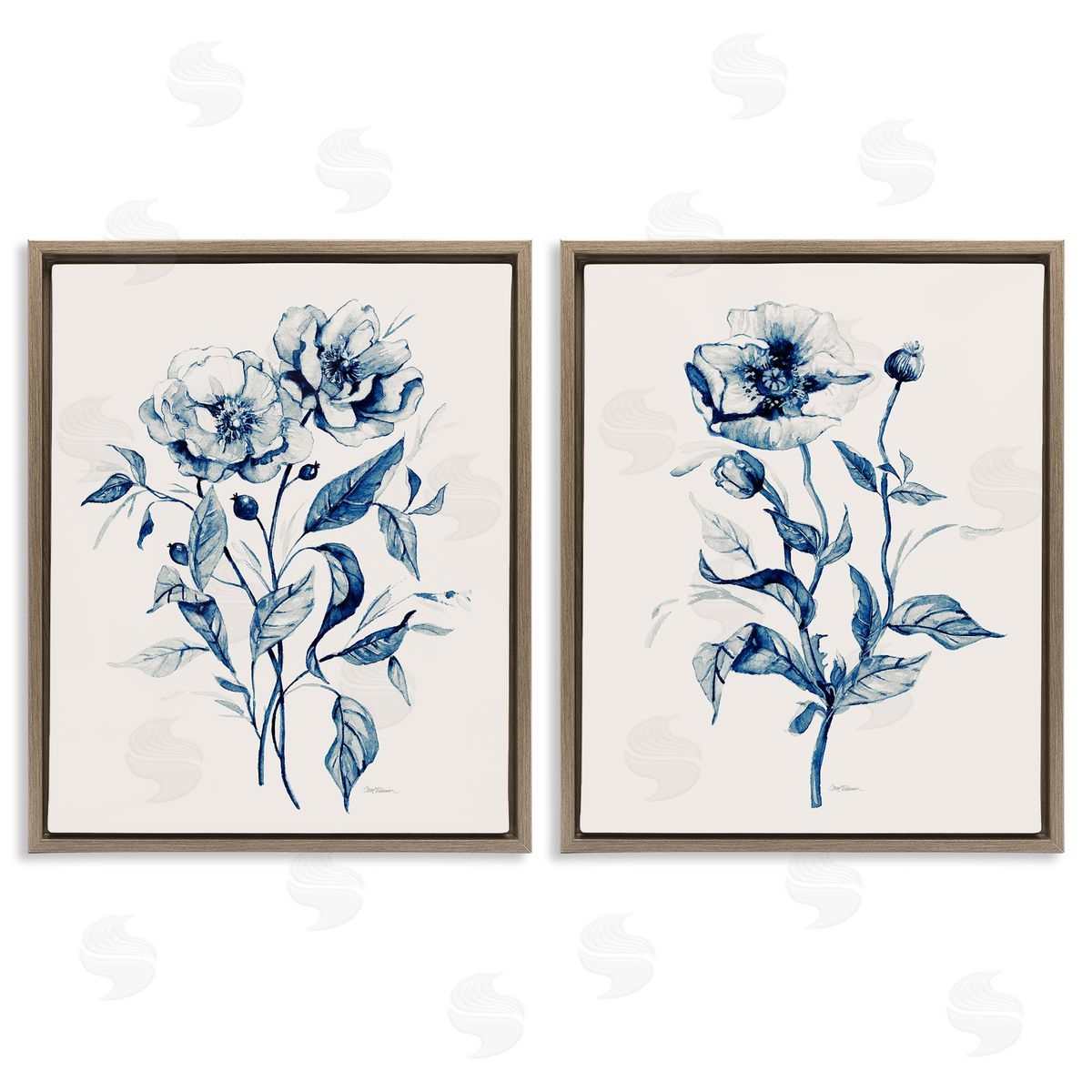 Blue Sketched Flowers Brown Floating Frame Canvas Wall Art, Home Decor by Carol Robinson