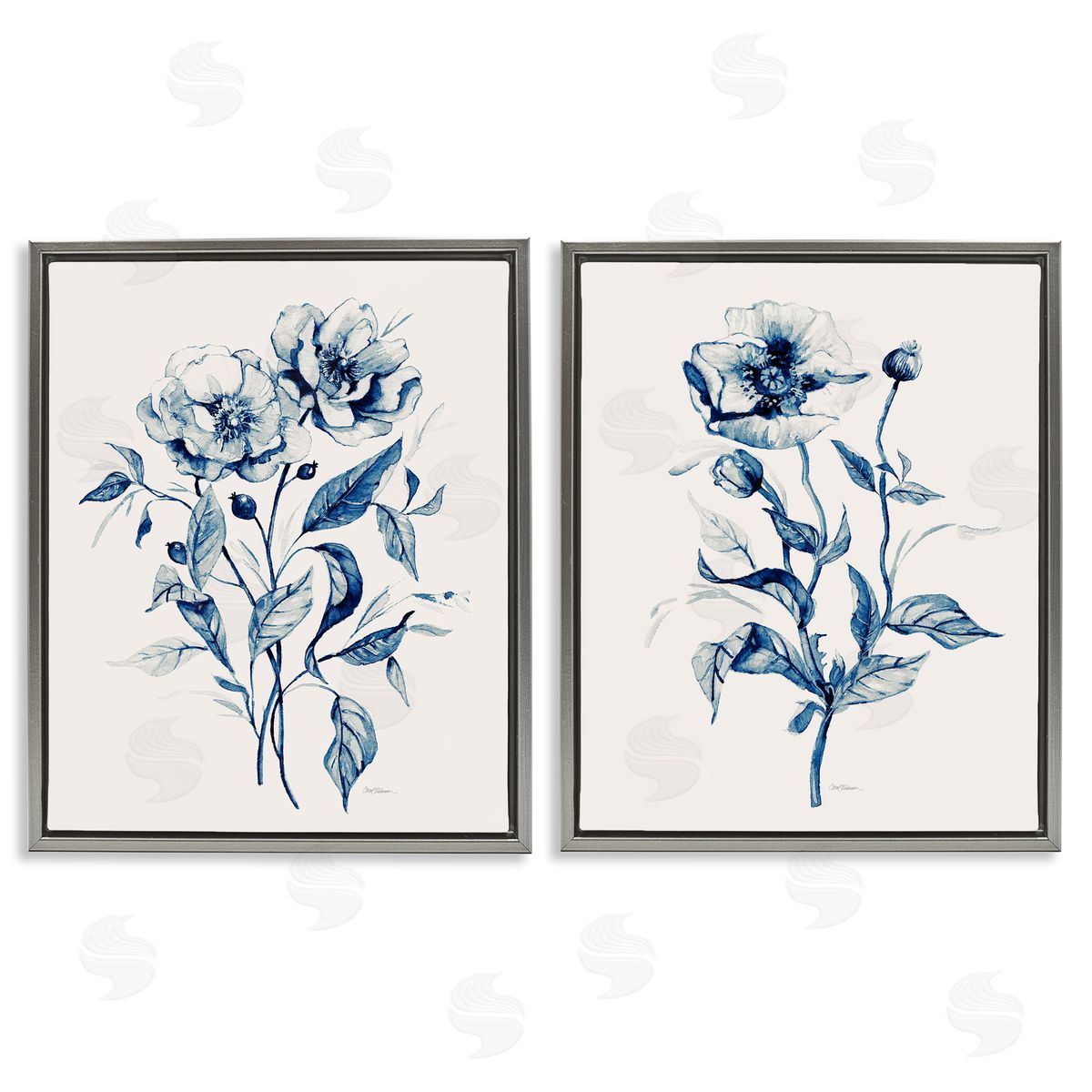 Blue Sketched Flowers Grey Floating Frame Canvas Wall Art, Home Decor by Carol Robinson