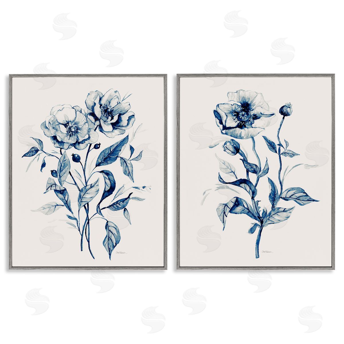 Blue Sketched Flowers Grey Frame Print Wall Art, Home Decor by Carol Robinson