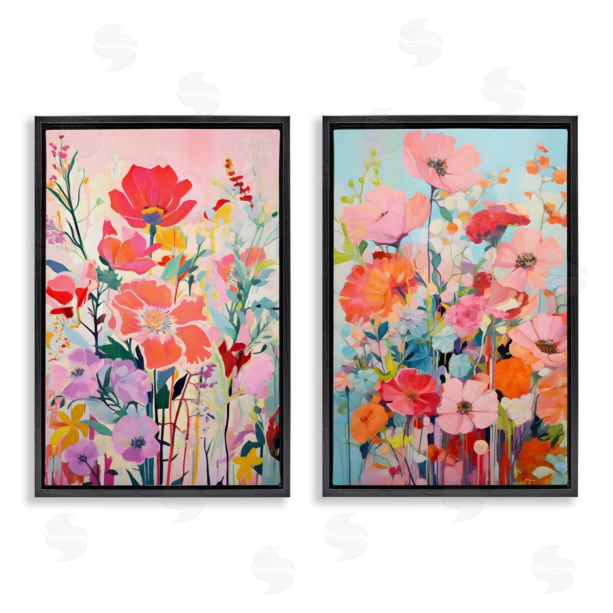 Bright Contemporary Flowers Black Floating Frame Canvas Wall Art, Home Decor by LSR Design Studio