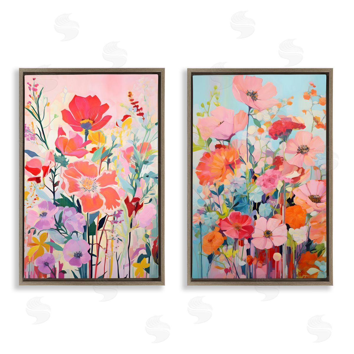 Bright Contemporary Flowers Brown Floating Frame Canvas Wall Art, Home Decor by LSR Design Studio