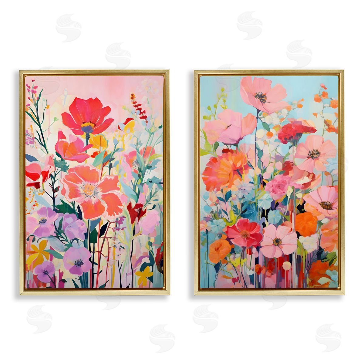Bright Contemporary Flowers Gold Floating Frame Canvas Wall Art, Home Decor by LSR Design Studio