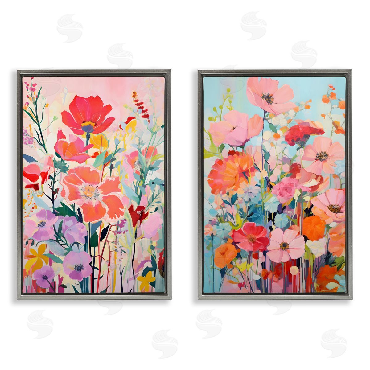 Bright Contemporary Flowers Grey Floating Frame Canvas Wall Art, Home Decor by LSR Design Studio