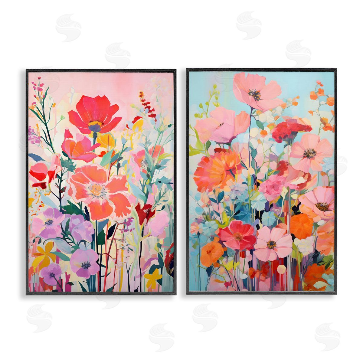 Bright Contemporary Flowers Black Frame Print Wall Art, Home Decor by LSR Design Studio