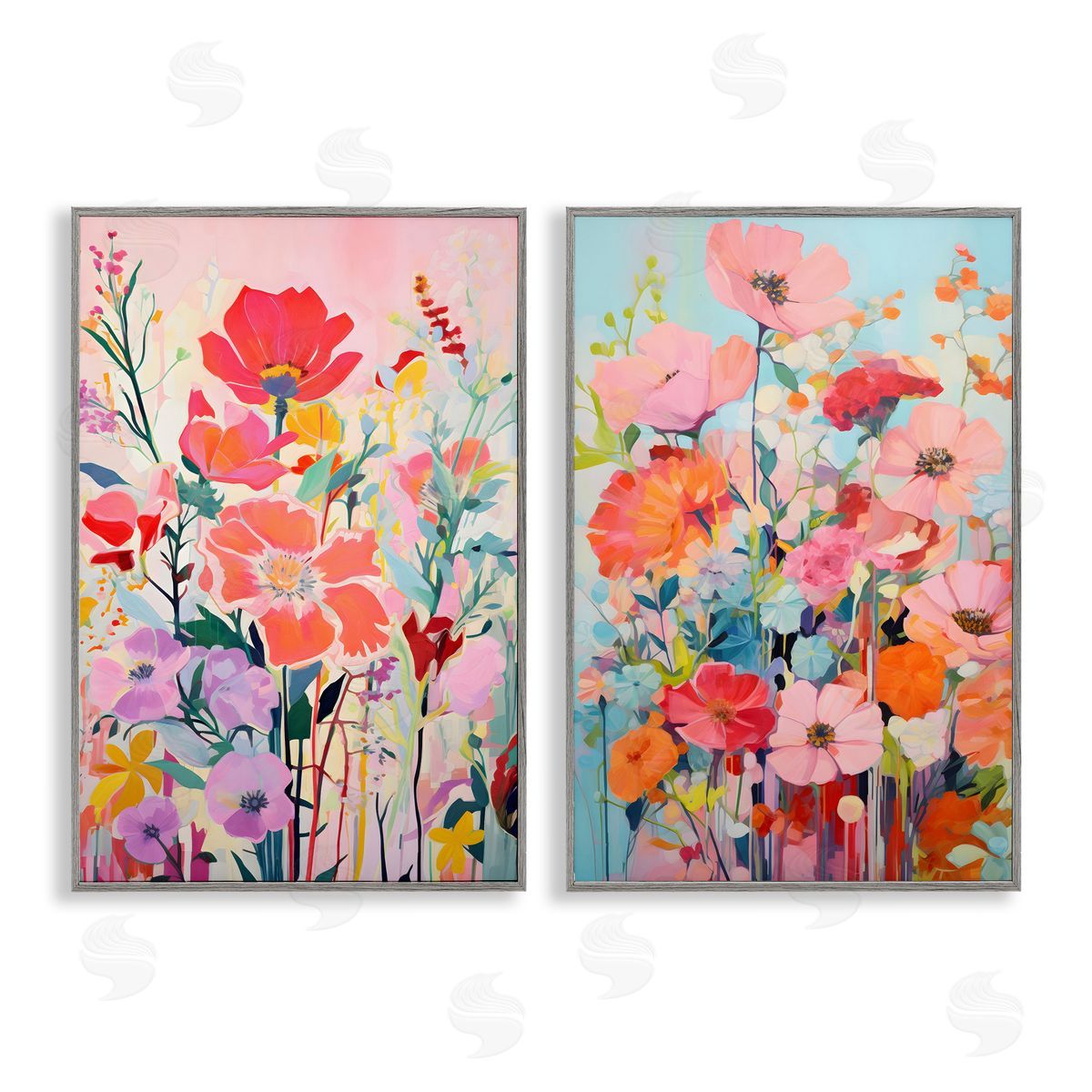 Bright Contemporary Flowers Grey Frame Print Wall Art, Home Decor by LSR Design Studio