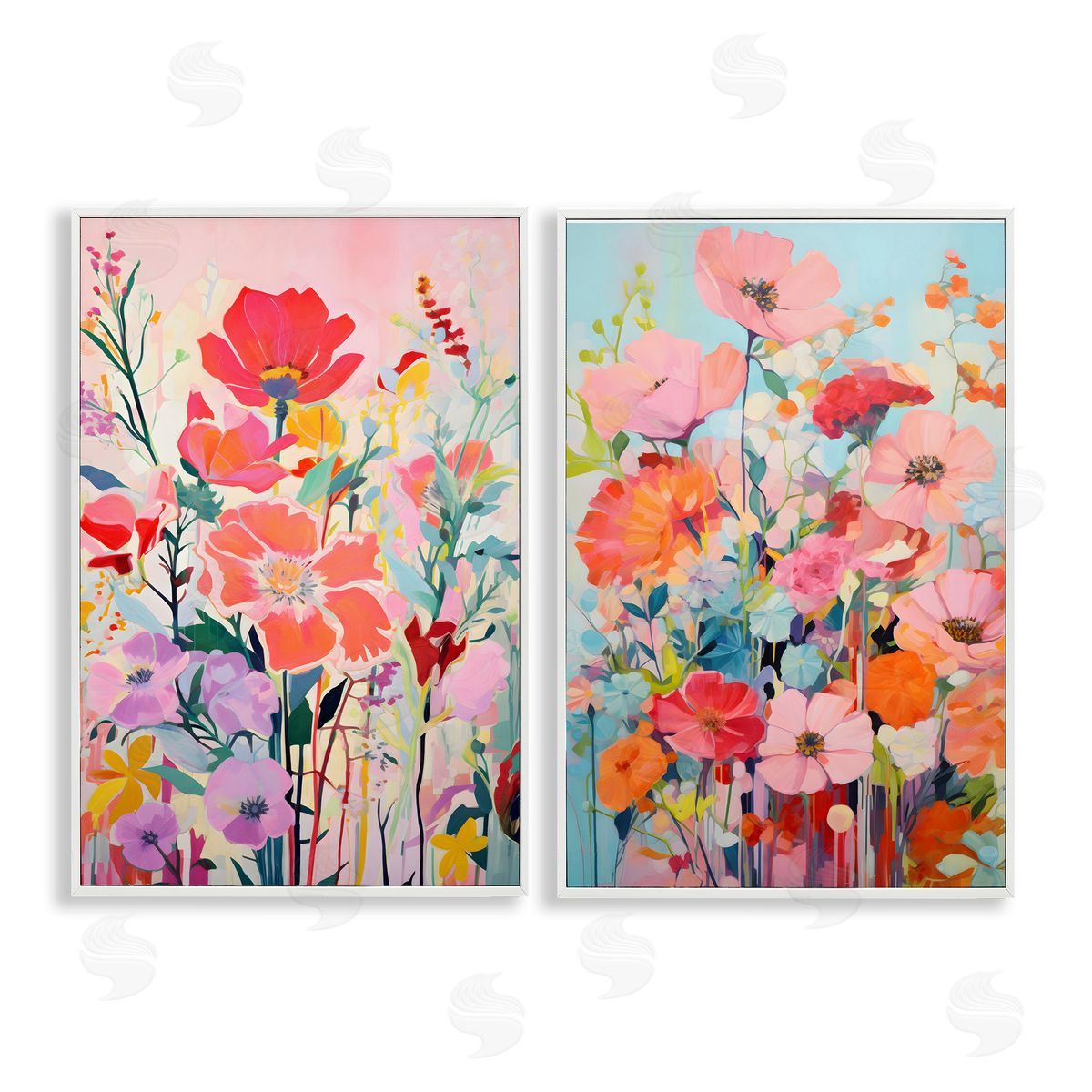 Bright Contemporary Flowers White Frame Print Wall Art, Home Decor by LSR Design Studio