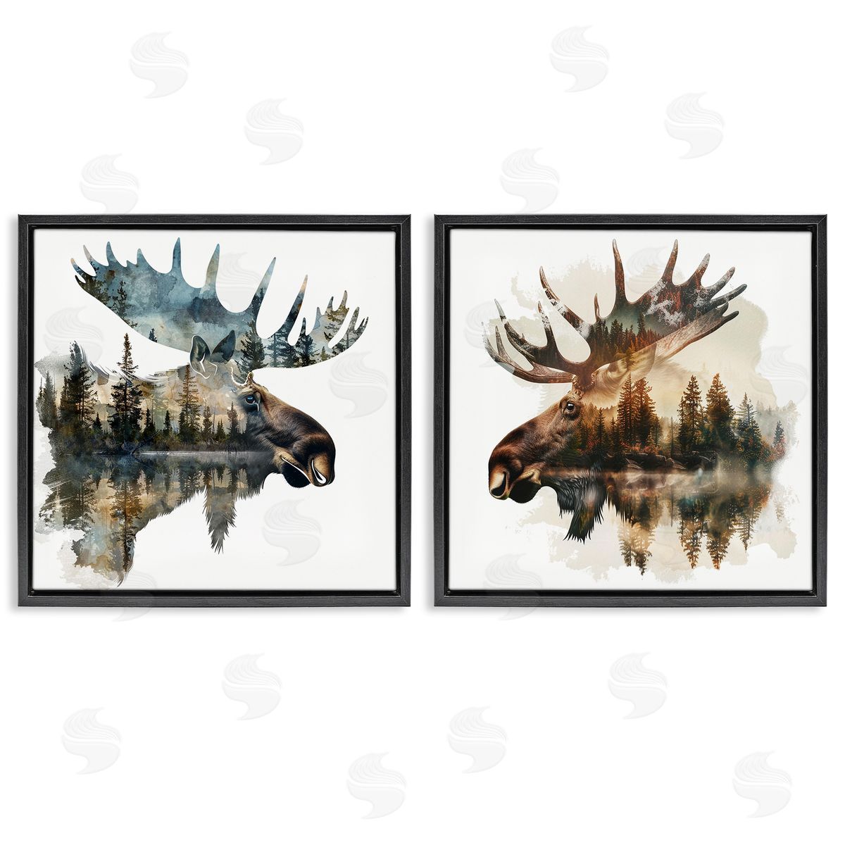 LSR Design Studio Woodland Moose Forest Silhouettes Black Floating Frame Canvas Wall Art Print