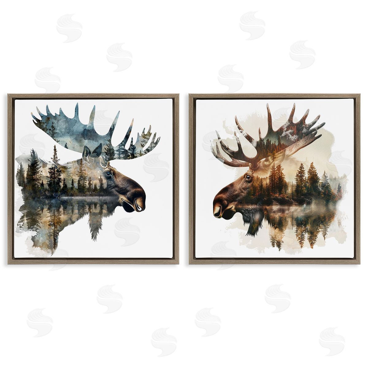 LSR Design Studio Woodland Moose Forest Silhouettes Brown Floating Frame Canvas Wall Art Print