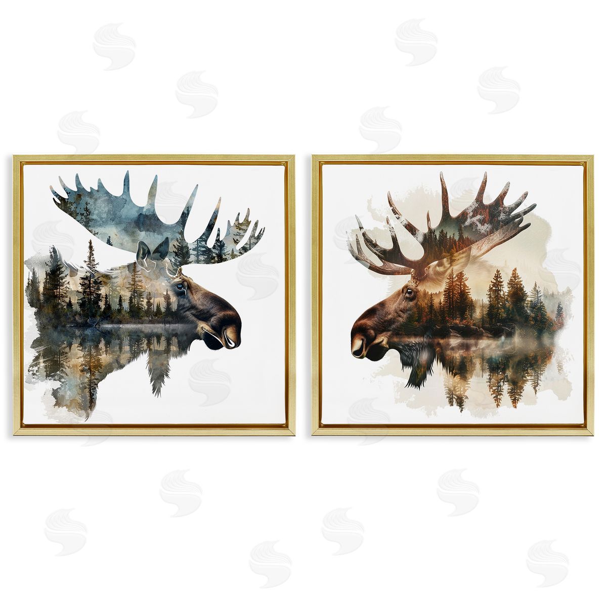 LSR Design Studio Woodland Moose Forest Silhouettes Gold Floating Frame Canvas Wall Art Print