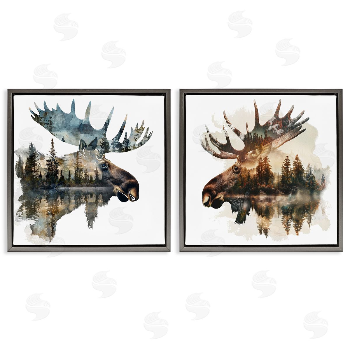 LSR Design Studio Woodland Moose Forest Silhouettes Gray Floating Frame Canvas Wall Art Print
