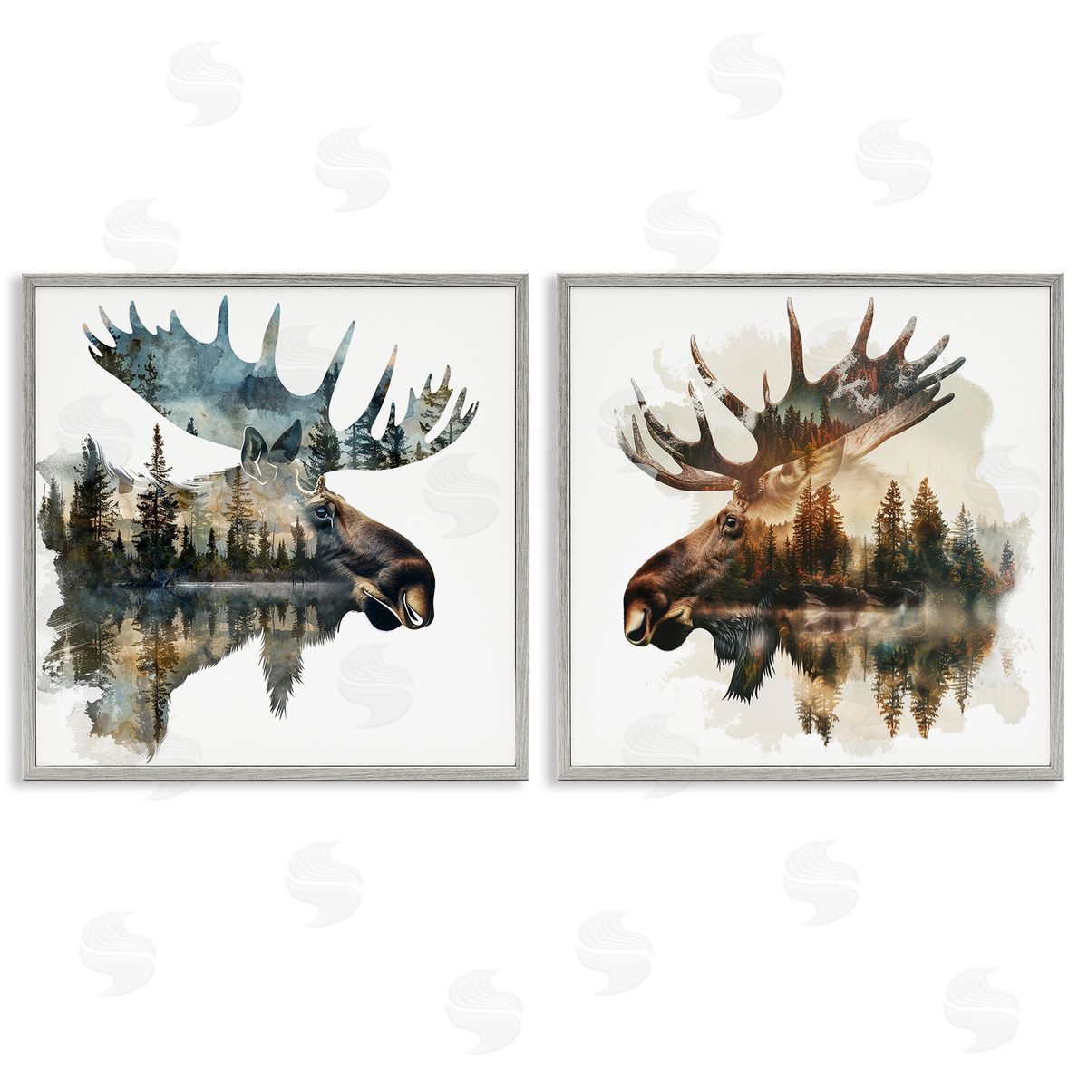LSR Design Studio Woodland Moose Forest Silhouettes Gray Framed Giclee Wall Art Print