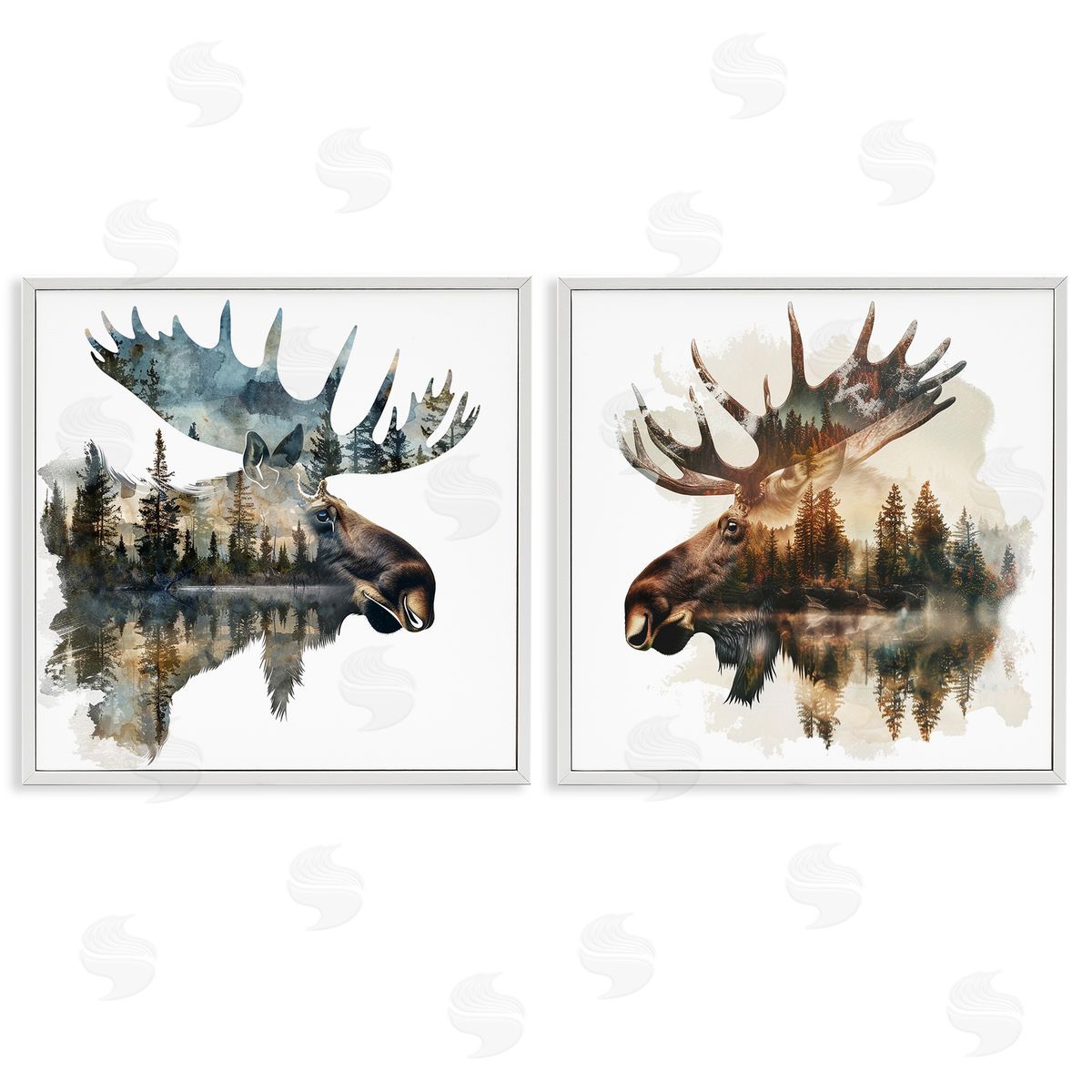 LSR Design Studio Woodland Moose Forest Silhouettes White Framed Giclee Wall Art Print